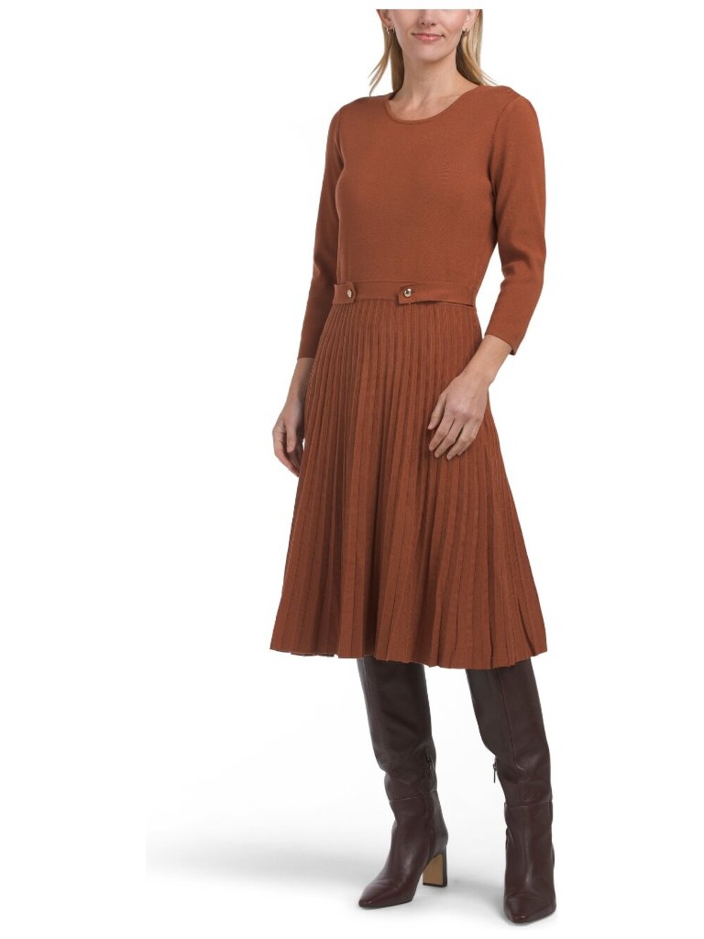 London Times Pleated Skirt Knit Midi Sweater Dress Burnt Orange Brown Crew Neck